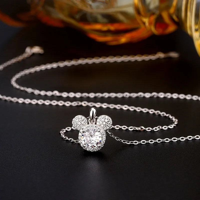Sterling Silver Simple Mickey Mouse Necklace worn to showcase its length and pendant detail