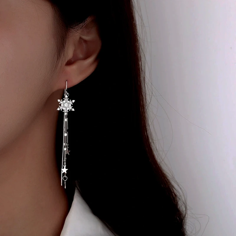 Sterling Silver Snowflake Star Threader Tassel Earrings - elegant Snowflake Threader Earrings