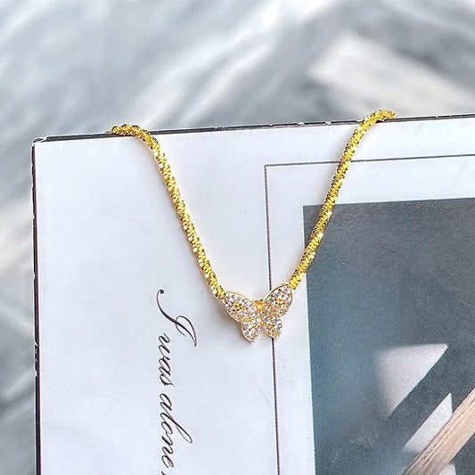 Sterling Silver Sparkling Diamond Butterfly Necklace worn to showcase its length and pendant detail