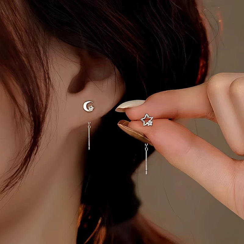 Sterling Silver Star And Moon Threader Earrings - elegant Star and Moon Threaders