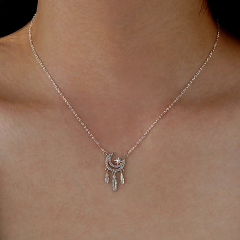 Sterling Silver Star Moon Feather Necklace - beautiful Feather Moon Necklace