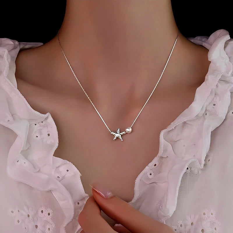 Sterling Silver Starfish Natural Pearl Necklace - beautiful Starfish Pearl Necklace