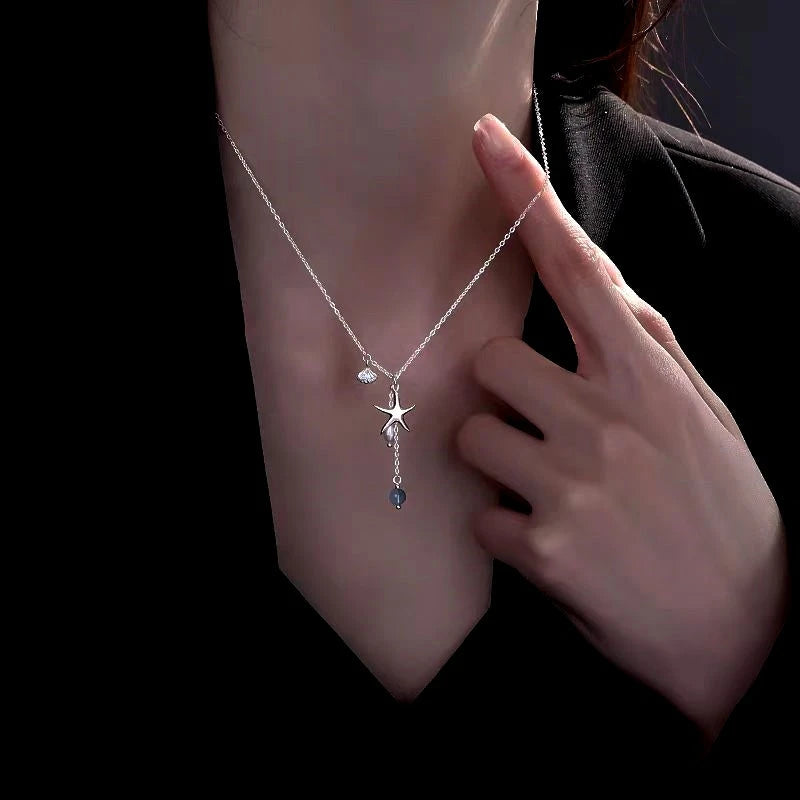 Sterling Silver Starfish Shell Natural Pearl Necklace - beautiful Starfish Shell Necklace