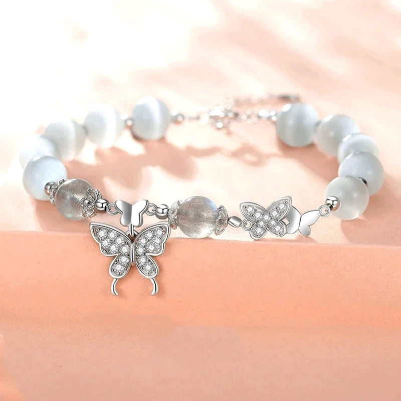 Full view of the elegant Sterling Silver Swallowtail Butterfly Bead Bracelet