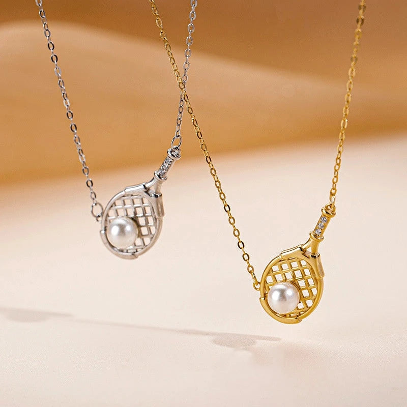 Close-up of the pendant and clasp on the Tennis Racket Necklace