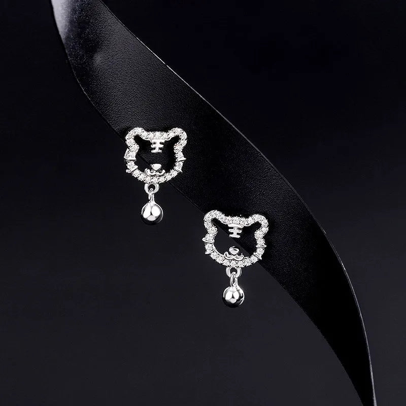 Silver Tone CZ Paved Hollow Tiger Head Dangle Earrings with Bell Charm
