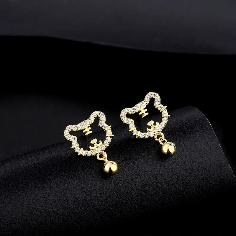 Gold Plated CZ Paved Hollow Tiger Head Bell Dangle Earrings
