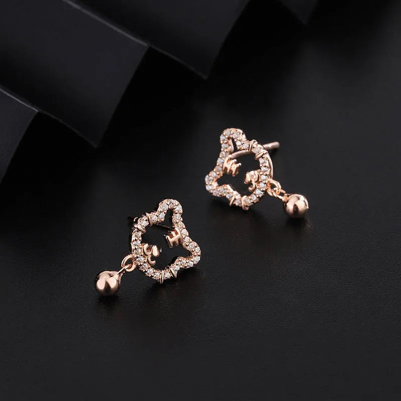 Rose Gold CZ Paved Hollow Tiger Head Bell Drop Earrings