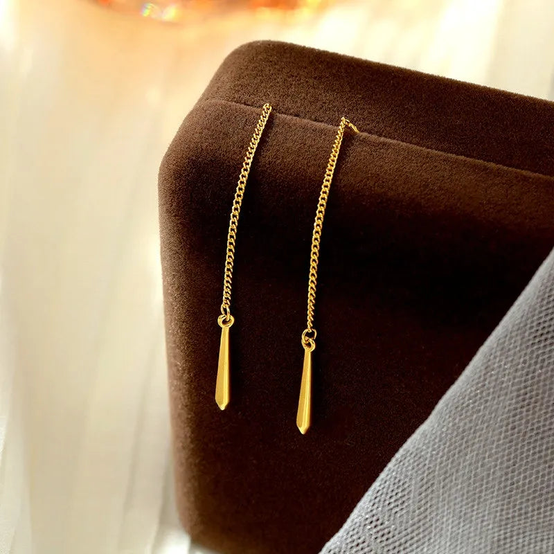 Angled view of the Sterling Silver Water Drop Threader Earrings