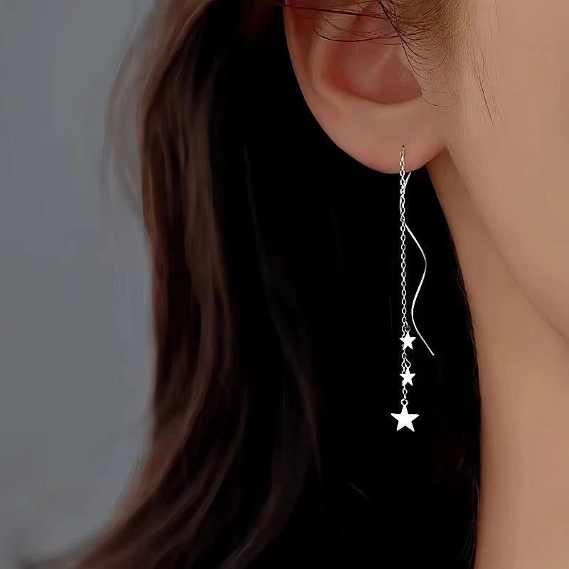 Sterling Silver Wavy Large And Small Star Threader Earrings - elegant Star Threader Earrings