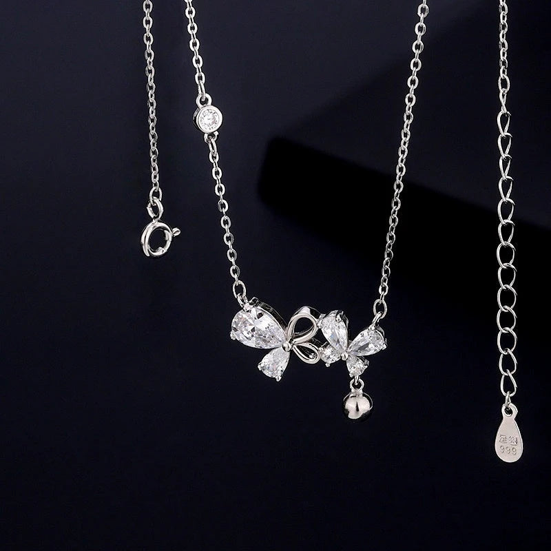 Sterling Silver Zircon Bairy Butterfly Necklace worn to showcase its length and pendant detail