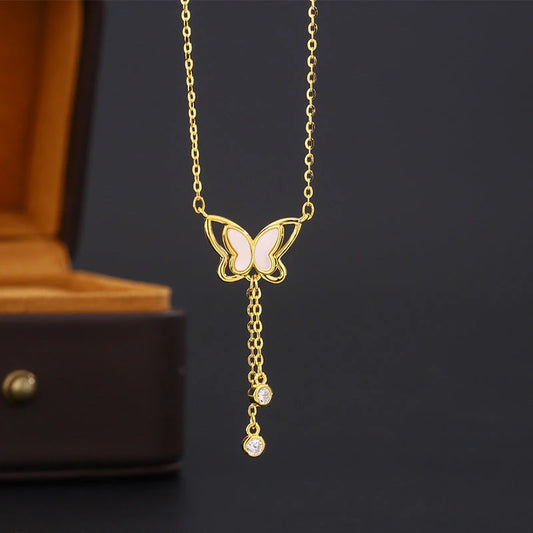 Sterling Silver Zircon Butterfly Necklace worn to showcase its length and pendant detail