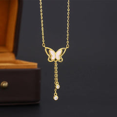 Sterling Silver Zircon Butterfly Necklace worn to showcase its length and pendant detail