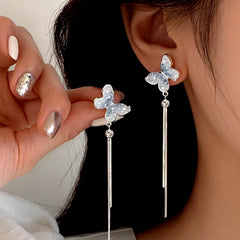 Sterling Silver Zircon Butterfly Tassel Earrings - elegant Butterfly Tassel Earrings