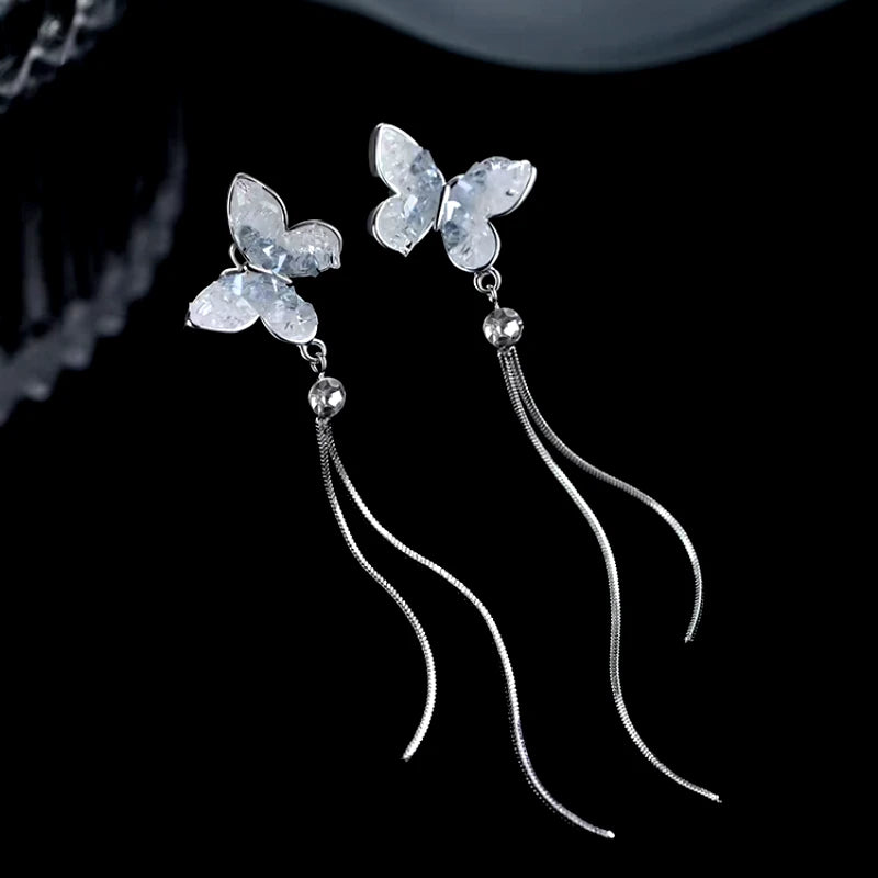 Close-up detail of the sparkling zircons and plating on the Butterfly Tassel Earrings