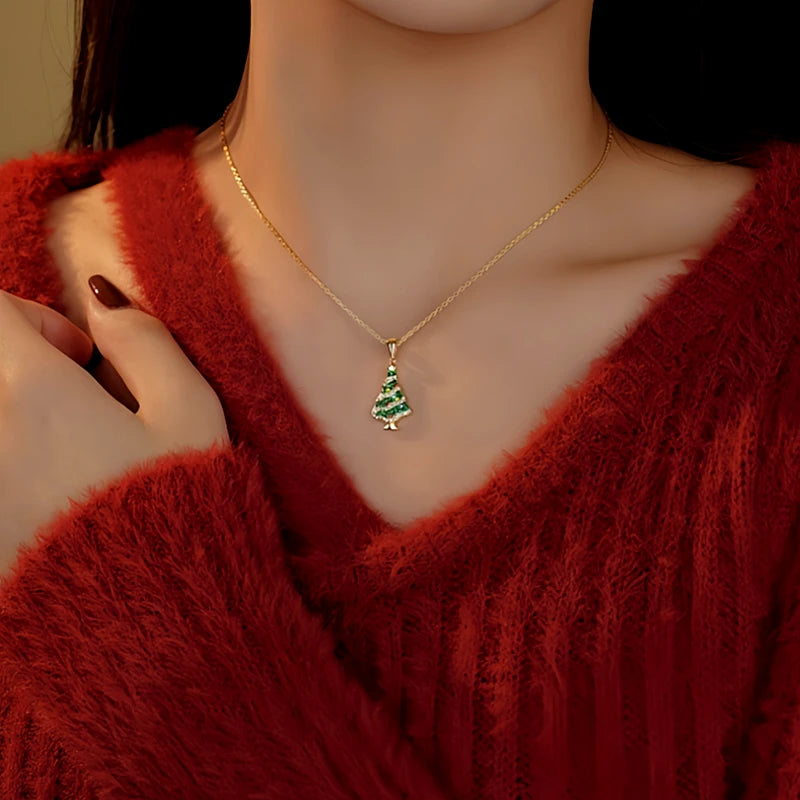 Detailed view of the Sterling Silver Zircon Christmas Tree Necklace chain and pendant