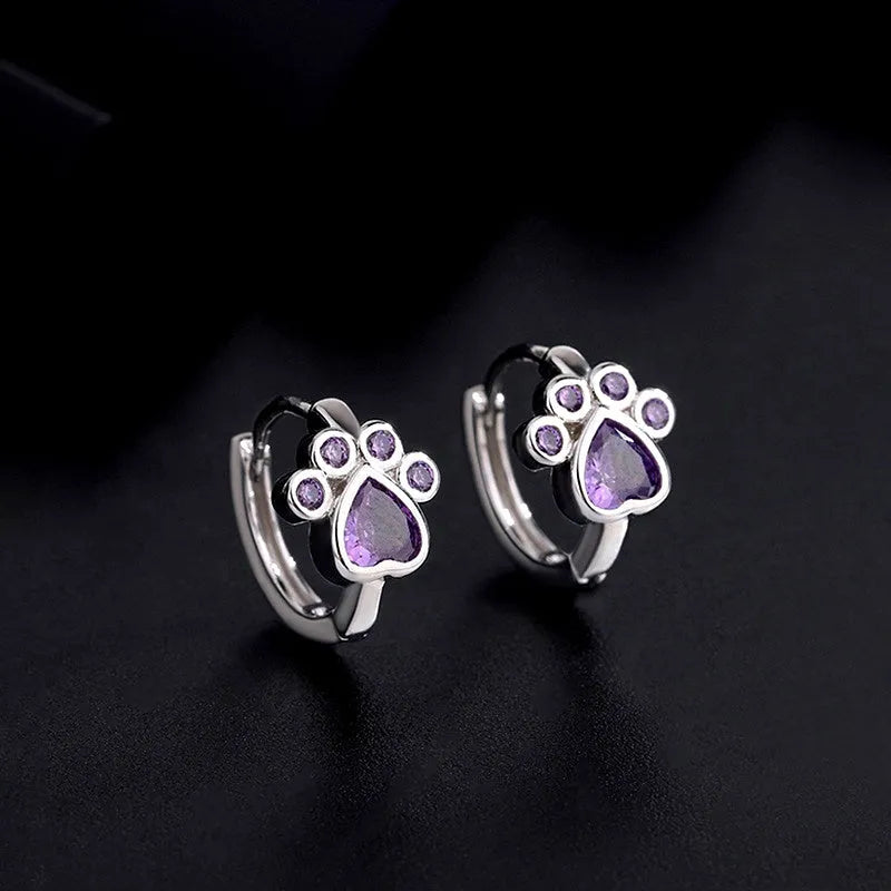 Sterling Silver Zircon Cute Pet Hoop Earrings - elegant Pet Paw Hoops