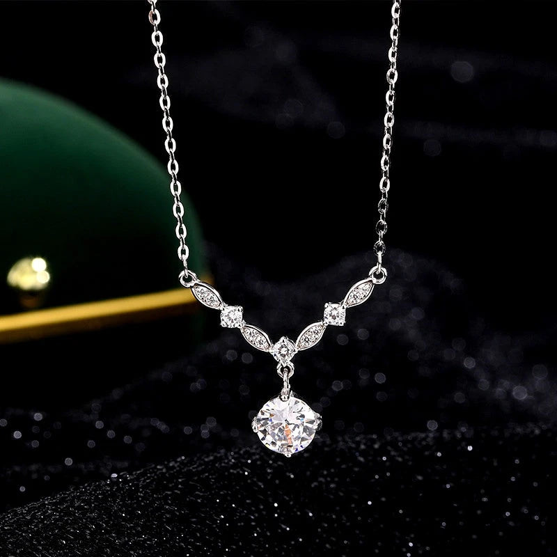 Sterling Silver Zircon Diamond Necklace worn to showcase its length and pendant detail
