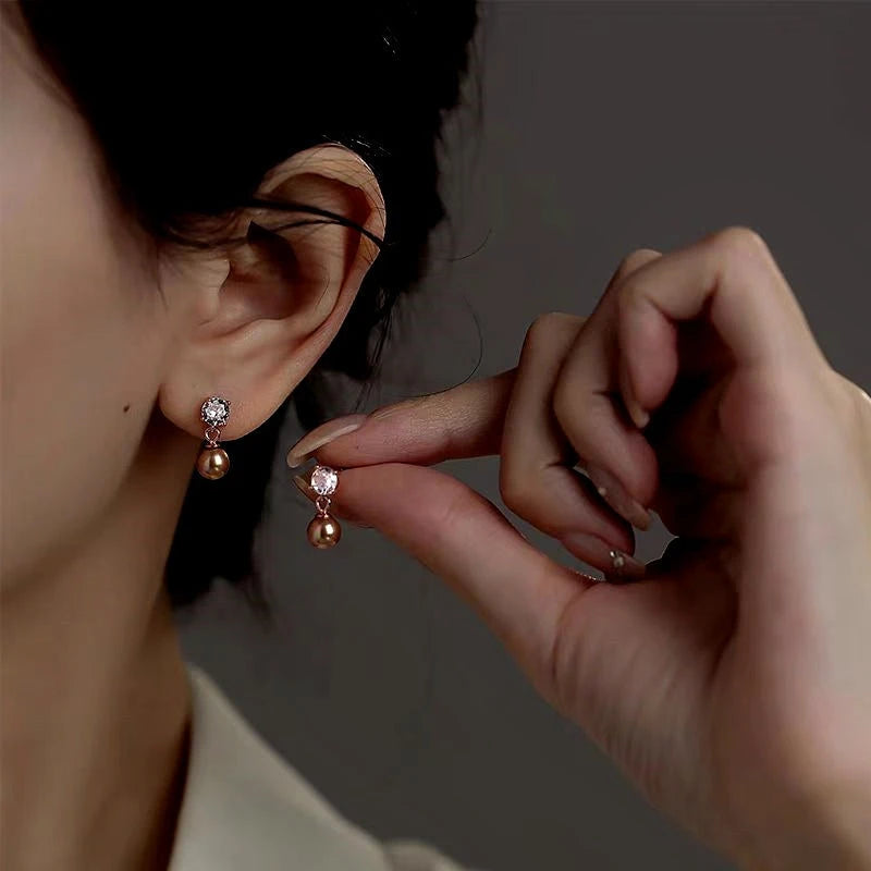 Sterling Silver Zircon Diamond Pearl Earrings - elegant Pearl Drop Earrings