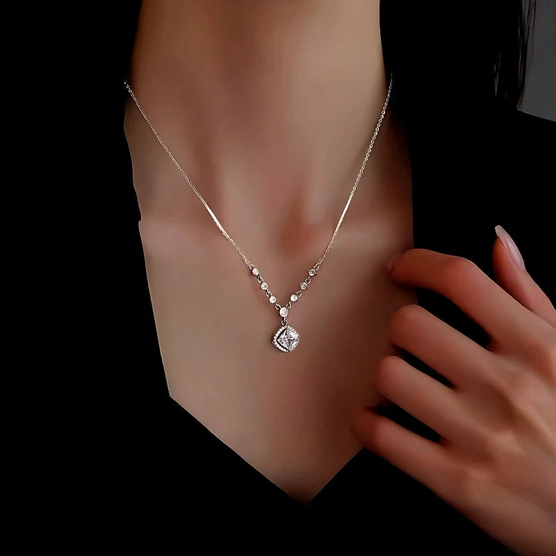 Sterling Silver Zircon Diamond Sugar Cube Necklace worn to showcase its length and pendant detail