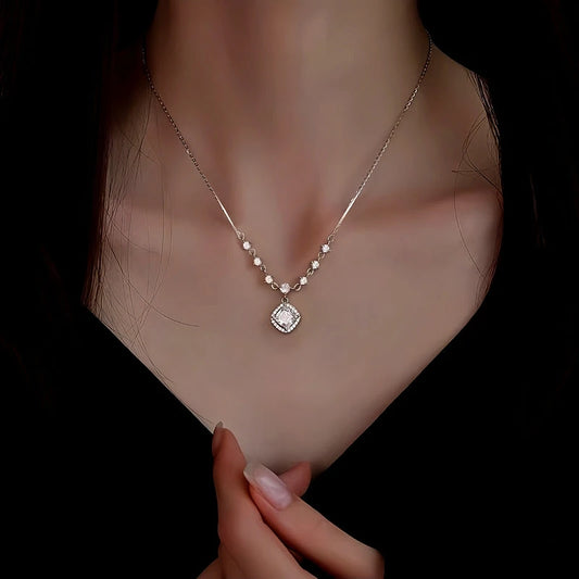 Sterling Silver Zircon Diamond Sugar Cube Necklace - beautiful Sugar Cube Necklace