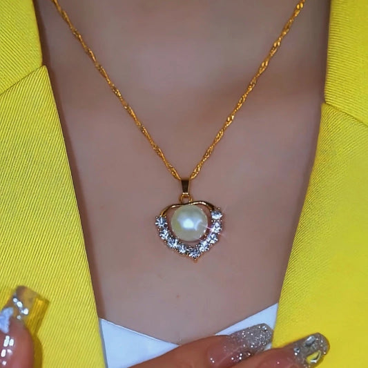 Sterling Silver Zircon Heart-Design Pearl Chain Necklace worn to showcase its length and pendant detail