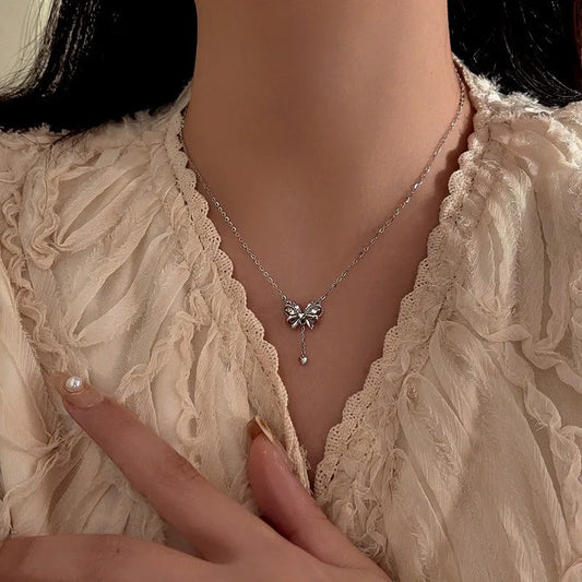 Sterling Silver Zircon Heart Bow Necklace - beautiful Heart Bow Necklace