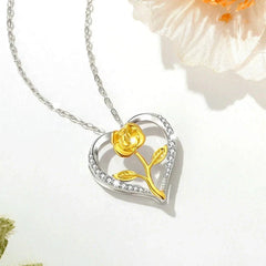 Sterling Silver Zircon Heart Flower Necklace worn to showcase its length and pendant detail