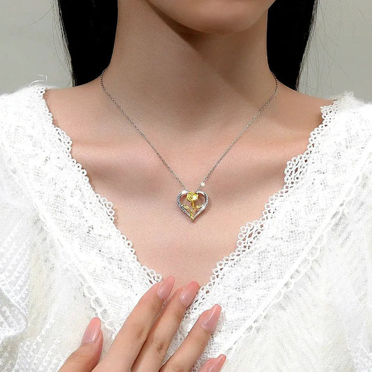 Sterling Silver Zircon Heart Flower Necklace - beautiful Heart Flower Necklace