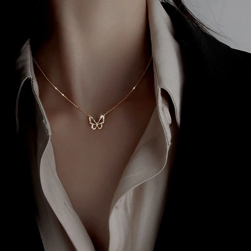 Sterling Silver Zircon Hollow Butterfly Necklace - beautiful Hollow Butterfly Necklace