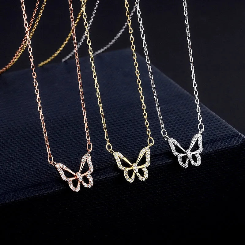 Sterling Silver Zircon Hollow Butterfly Necklace worn to showcase its length and pendant detail