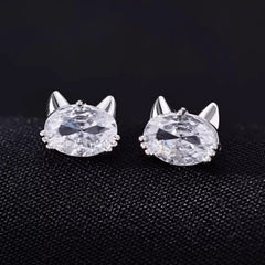 Angled view of the Sterling Silver Zircon Kitten Stud Earrings