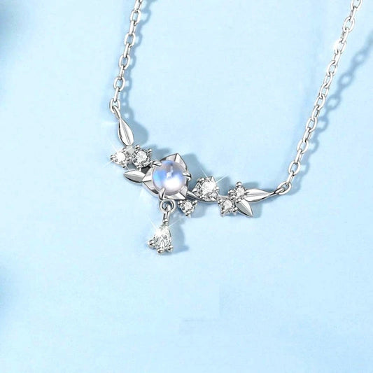Sterling Silver Zircon Moonstone Necklace worn to showcase its length and pendant detail
