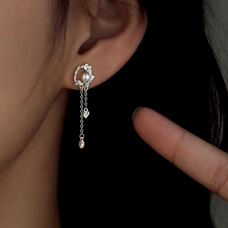 Close-up detail of the sparkling zircons and plating on the Pearl Tassel Earrings