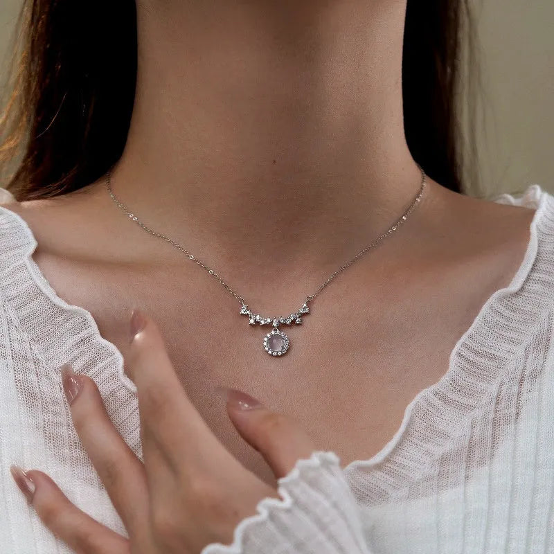 Sterling Silver Zircon Smile Face Necklace worn to showcase its length and pendant detail
