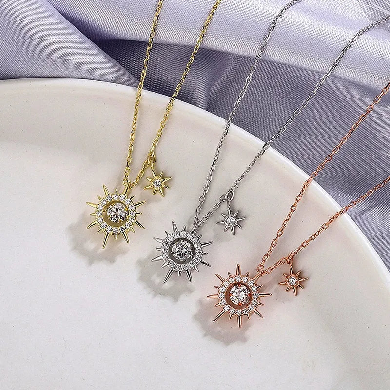 Sterling Silver Zircon Sun Necklaces worn to showcase its length and pendant detail
