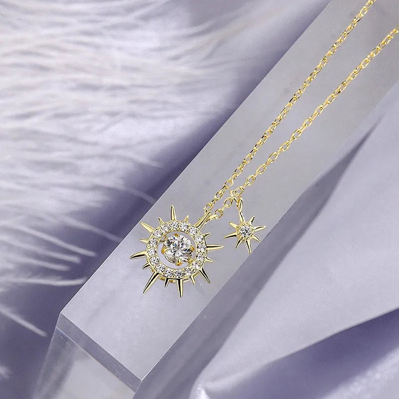 Detailed view of the Sterling Silver Zircon Sun Necklaces chain and pendant