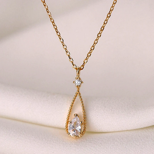 Sterling Silver Zircon Water Drop Necklace worn to showcase its length and pendant detail