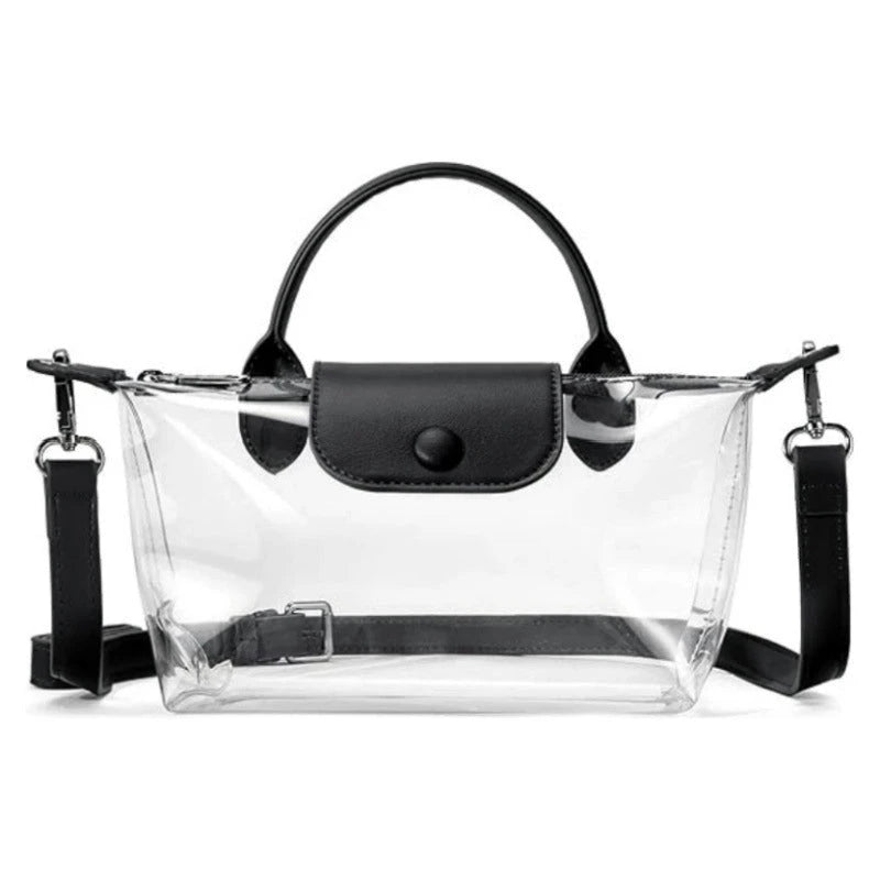 Angled view of the stylish Transparent Small Square Handbag