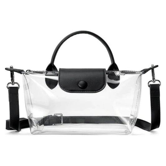 Angled view of the stylish Transparent Small Square Handbag