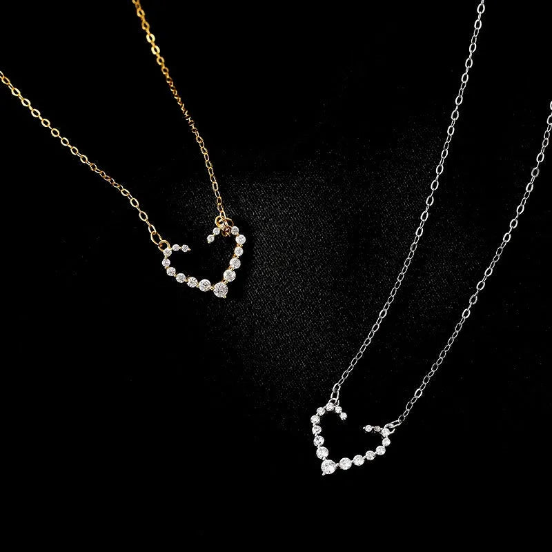 Sterling Silver Luxury Diamond Hollow Heart Necklace worn to showcase its length and pendant detail