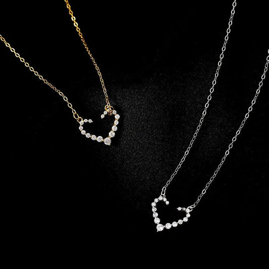 Sterling Silver Luxury Diamond Hollow Heart Necklace worn to showcase its length and pendant detail