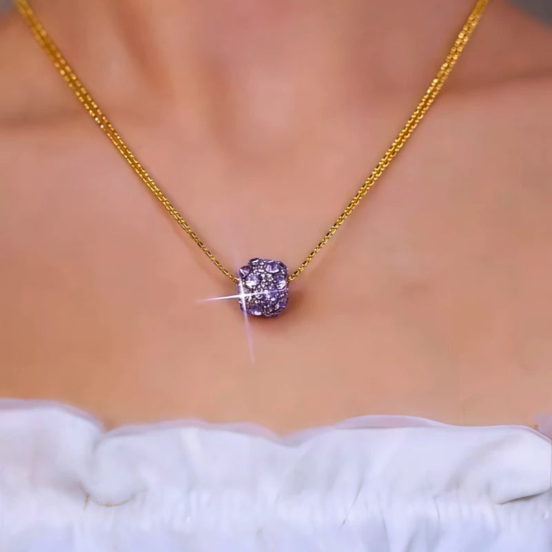 14K Gold-Plated Purple Zircon Diamond Ball Pendant Necklace worn to showcase its length and pendant detail