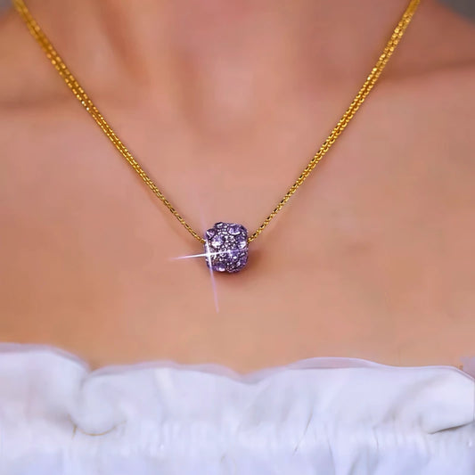 14K Gold-Plated Purple Zircon Diamond Ball Pendant Necklace worn to showcase its length and pendant detail
