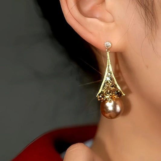 14K Gold-Plated Brown Diamond Pearl Earrings - elegant Pearl Threader Earrings