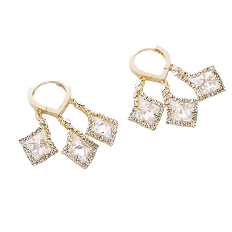 Gold Tone CZ Halo Triple Square Drop Huggie Hoop Earrings