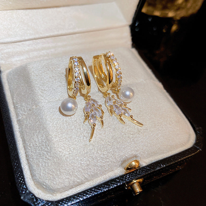 Gold Pearl Crystal Leaf Hoop Earrings Set in Black Velvet Jewelry Box
