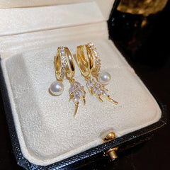 Gold Pearl Crystal Leaf Hoop Earrings Set in Black Velvet Jewelry Box