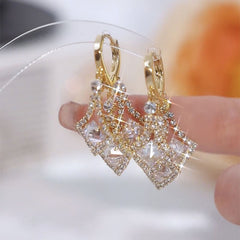 Sparkly Gold Plated CZ Diamond-Shaped Drop Hoop Earrings for Women