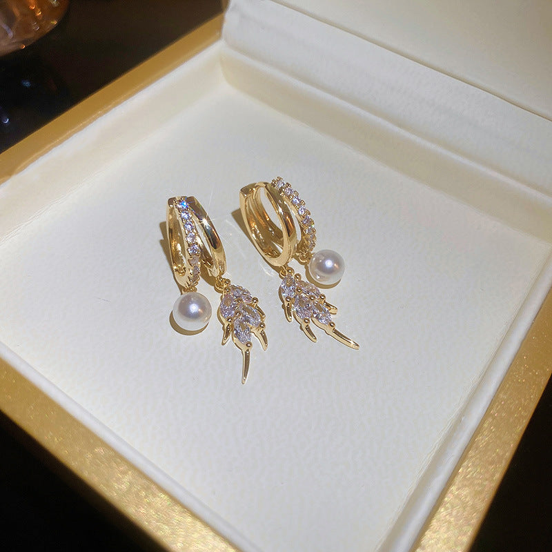 Gold Pearl Crystal Leaf Drop Hoop Earrings in White Jewelry Box